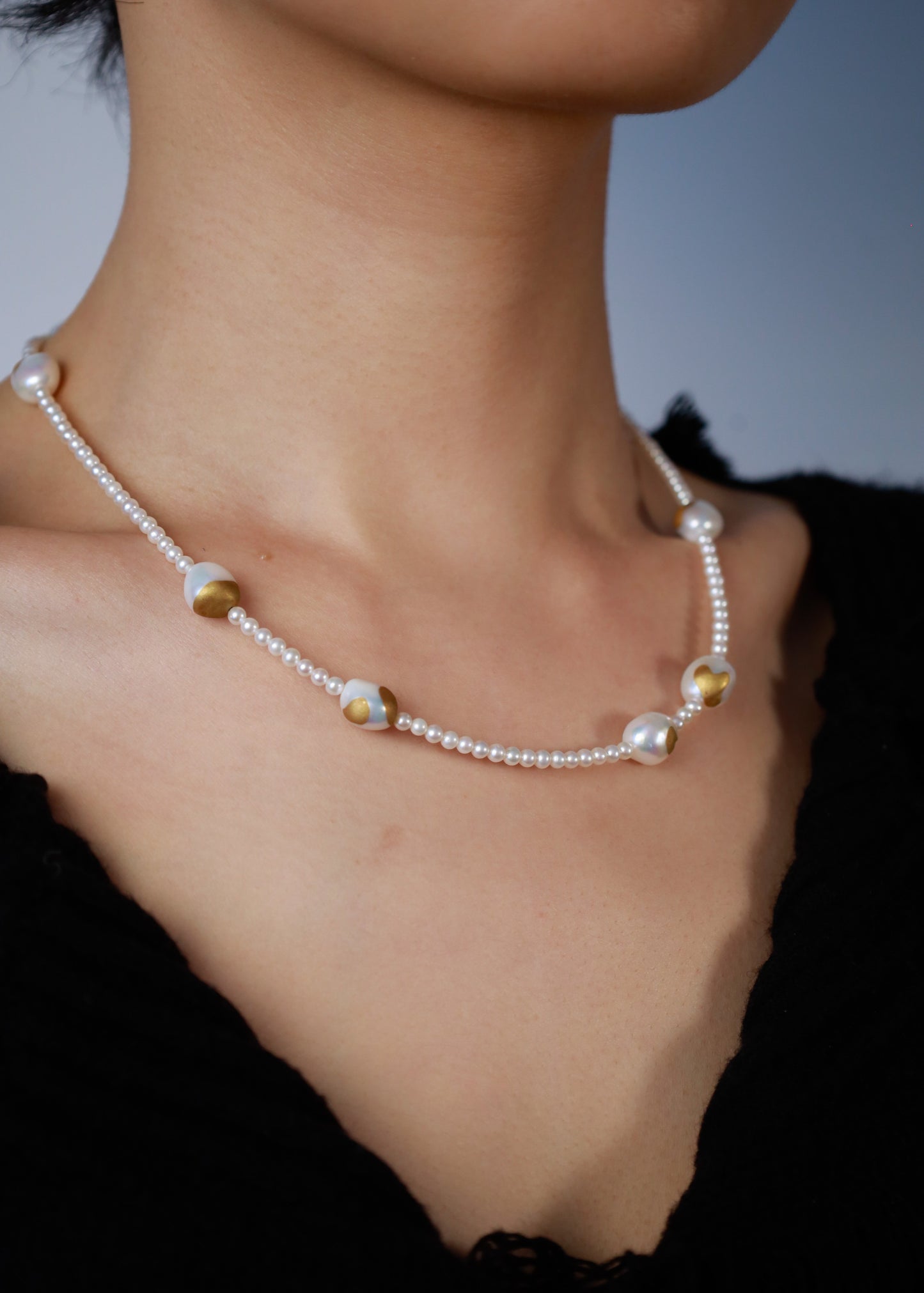 Gold Lacquer full Pearls and Baroque Pearls Necklace