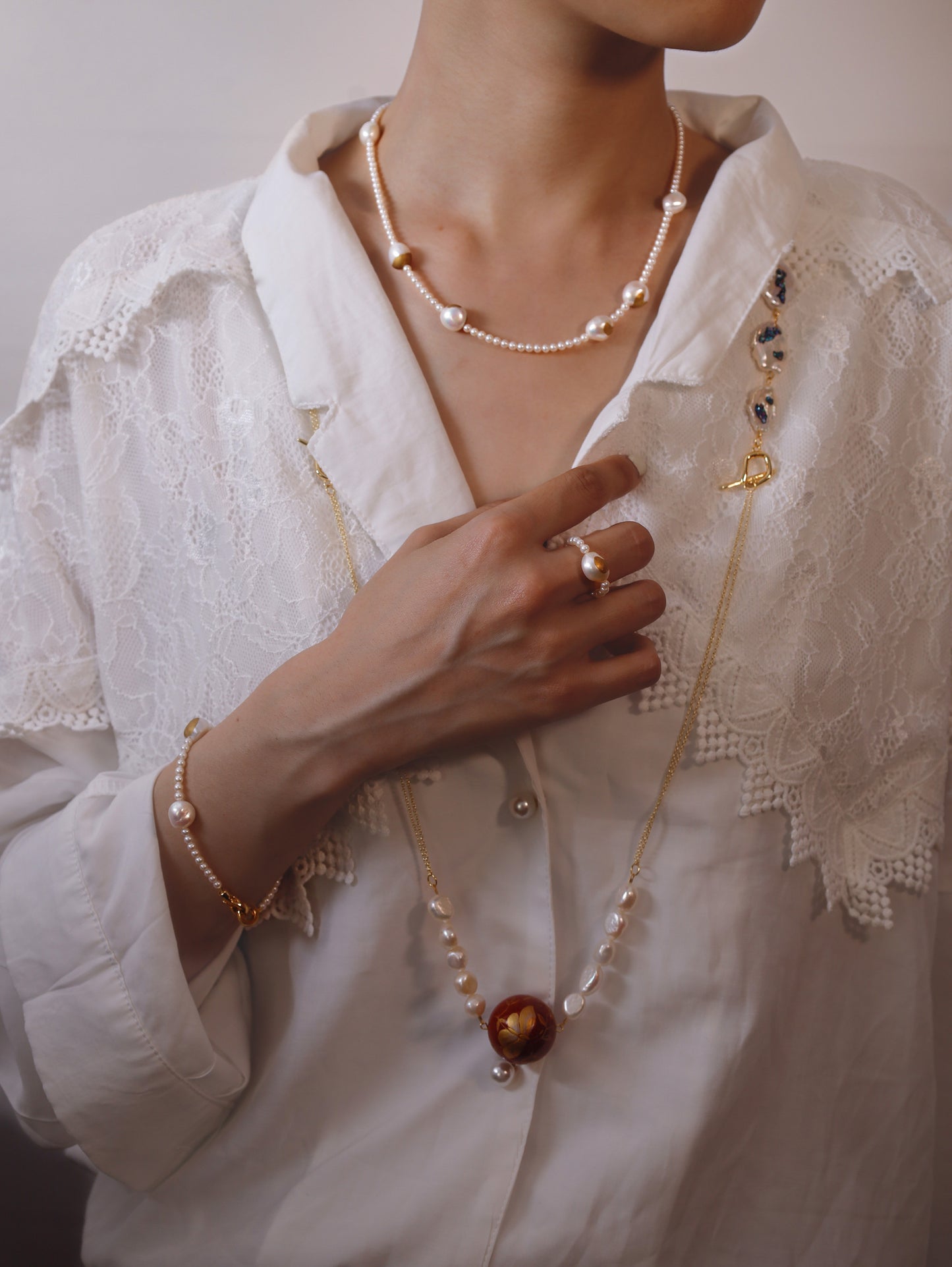 Gold Lacquer full Pearls and Baroque Pearls Necklace