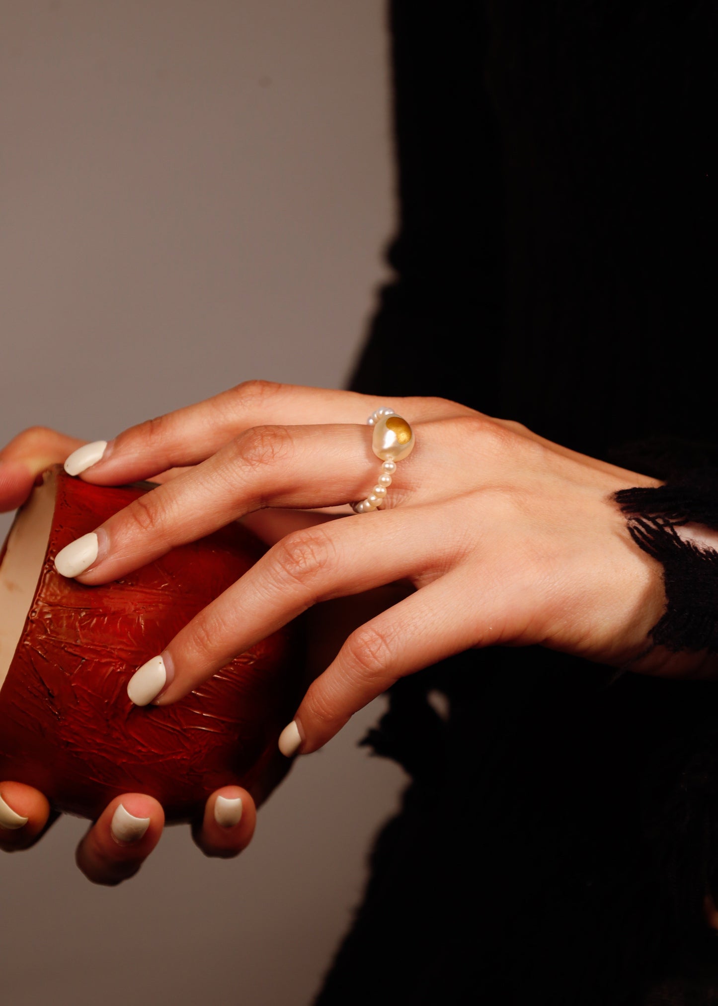 Gold Lacquer Round Baroque Pearl Ring