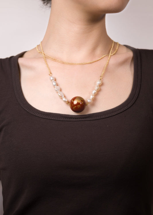 Gold Lacquered wooden Bead and Baroque Pearls Necklace